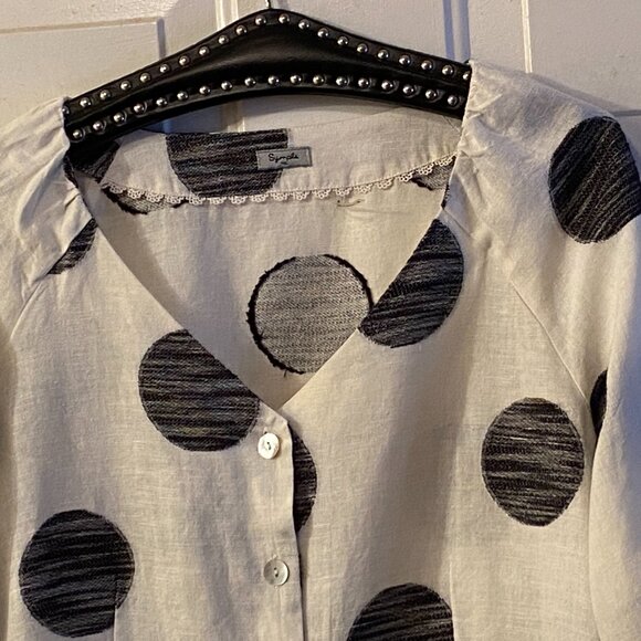 Symple nyc Sz M Linen/Cotton Womens Jacket Button Up 3/4 Sleeve White/Black Dot - Picture 2 of 12